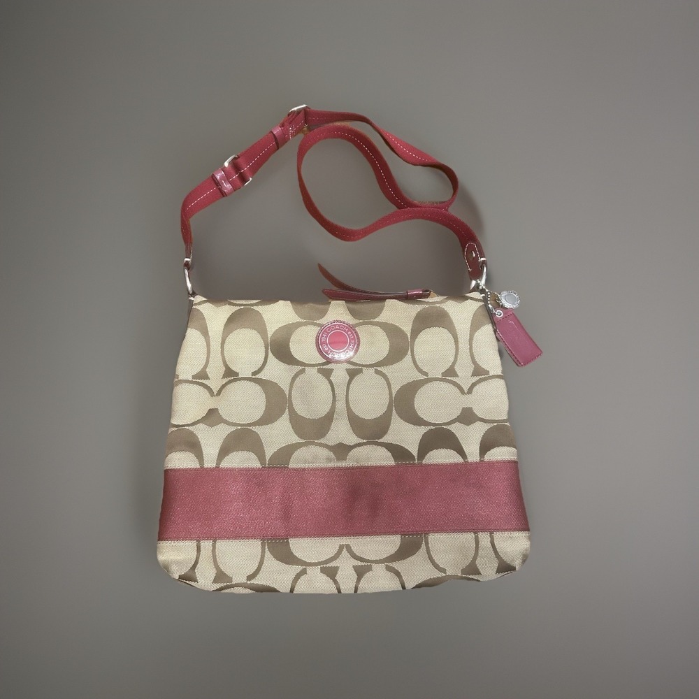 COACH Crossbody Signature Shoulder Bag Khaki Red Canvas Jacquard Classic F19220